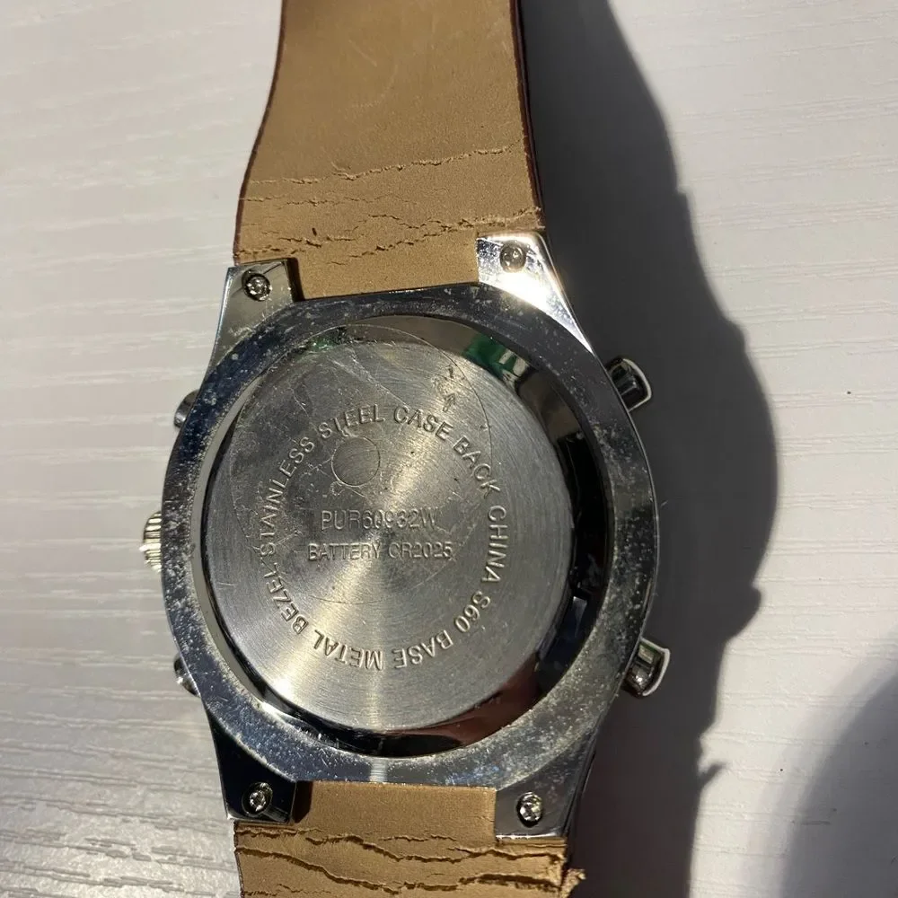 Brown Leather Strap Silver Watch--Analog hands not working